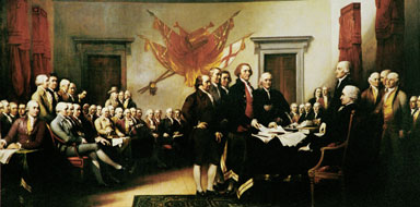 Painting of American Founding Fathers signing Declaration of Indepedence
